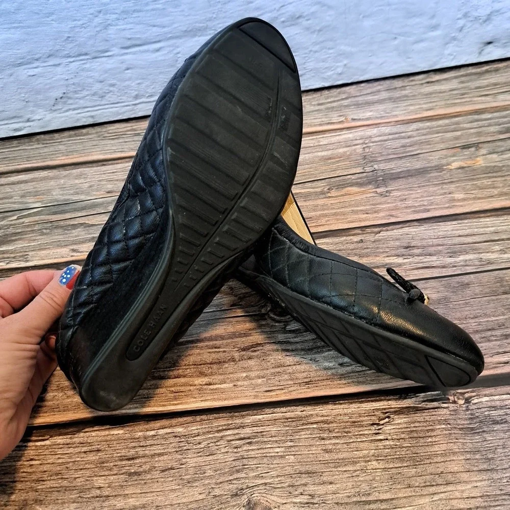 Cole Haan Black Quilted Leather Wedge Heels Braided Bow WOMens 8.5B